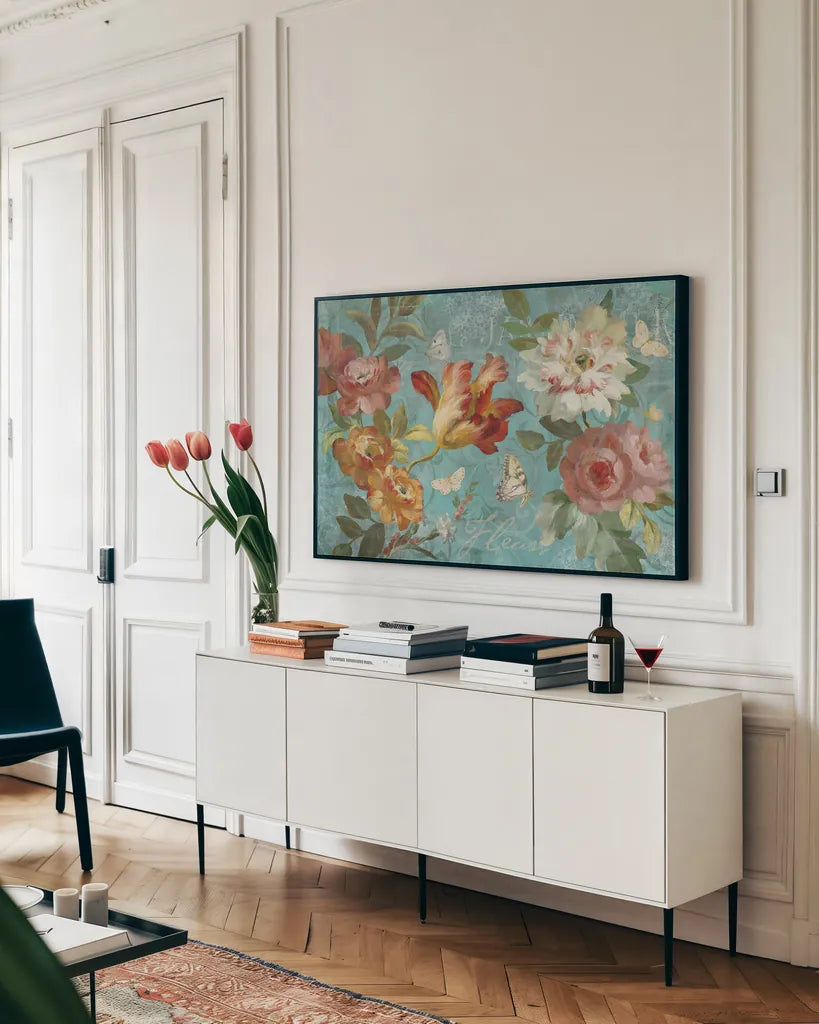 Seaside Garden III by Danhui Nai. shown as a framed stretched canvas in a living room above a console. Available as a archival giclee rolled canvas, fine art paper, or poster print. SKU 93165i.