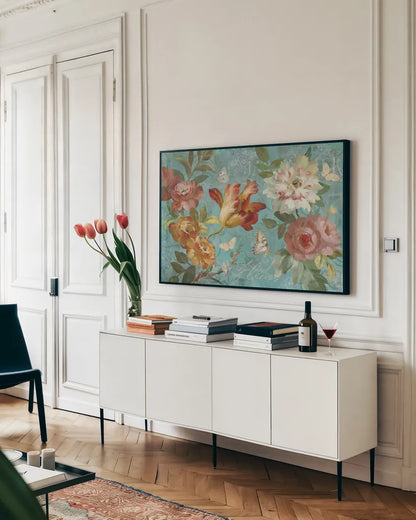Seaside Garden III by Danhui Nai. shown as a framed stretched canvas in a living room above a console. Available as a archival giclee rolled canvas, fine art paper, or poster print. SKU 93165i.