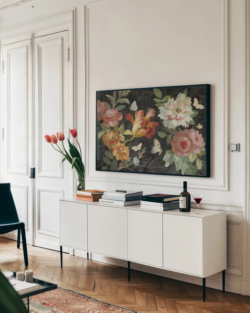Seaside Garden III Black by Danhui Nai. shown as a framed stretched canvas in a living room above a console. Available as a archival giclee rolled canvas, fine art paper, or poster print. SKU 93166i.