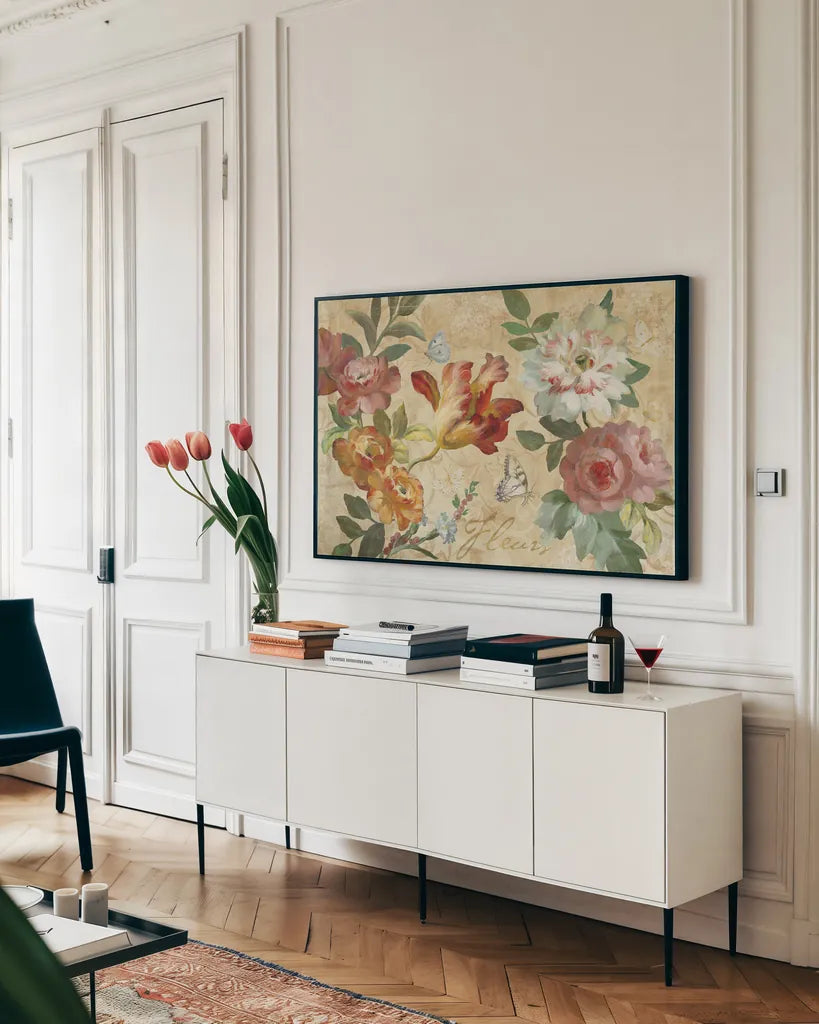 Seaside Garden III Ivory by Danhui Nai. shown as a framed stretched canvas in a living room above a console. Available as a archival giclee rolled canvas, fine art paper, or poster print. SKU 93167i.