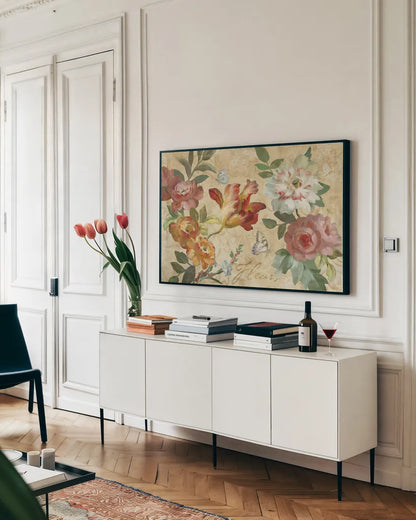 Seaside Garden III Ivory by Danhui Nai. shown as a framed stretched canvas in a living room above a console. Available as a archival giclee rolled canvas, fine art paper, or poster print. SKU 93167i.