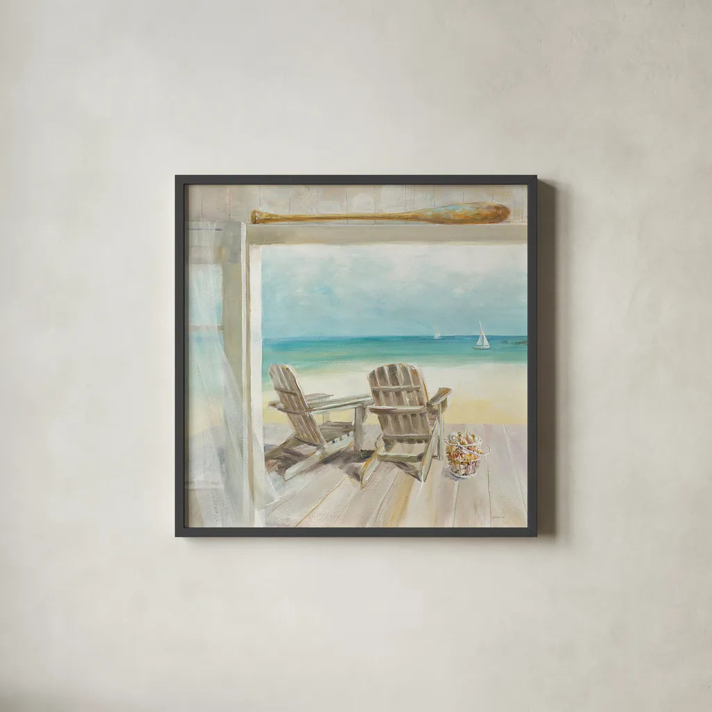 Seaside Morning Crop by Danhui Nai. Shown in a sleek black glass frame for a contemporary gallery look. Available as an archival giclee rolled canvas, fine art paper, or poster print. SKU 22658a.