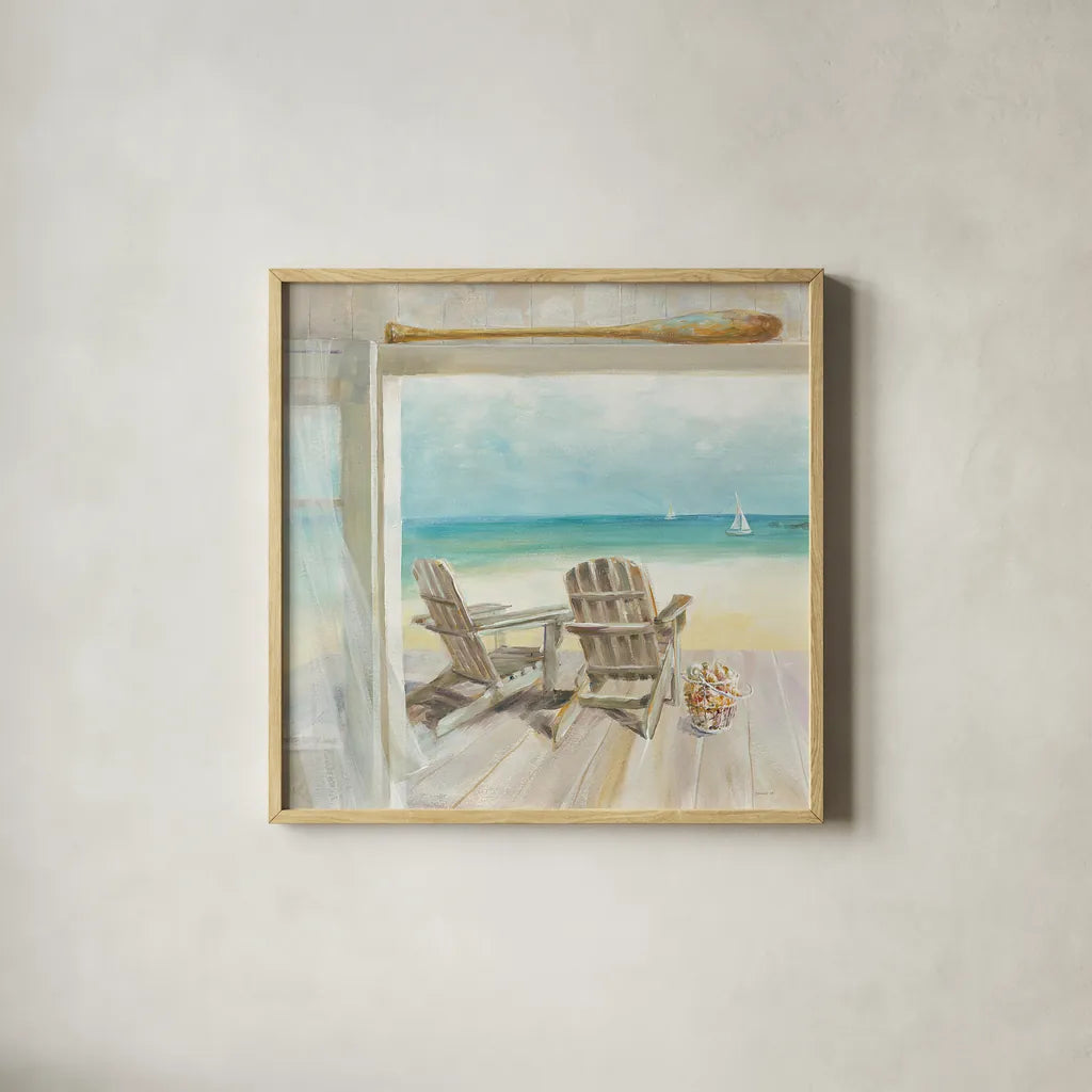 Seaside Morning Crop by Danhui Nai. Shown in a natural wood glass frame for a timeless modern aesthetic. Available as an archival giclee rolled canvas, fine art paper, or poster print. SKU 22658a.