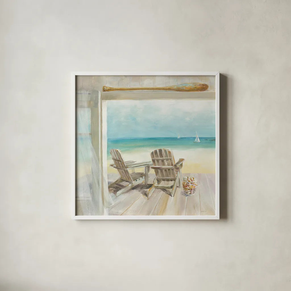 Seaside Morning Crop by Danhui Nai. Shown in a crisp white glass frame for a clean and minimalist style. Available as an archival giclee rolled canvas, fine art paper, or poster print. SKU 22658a.