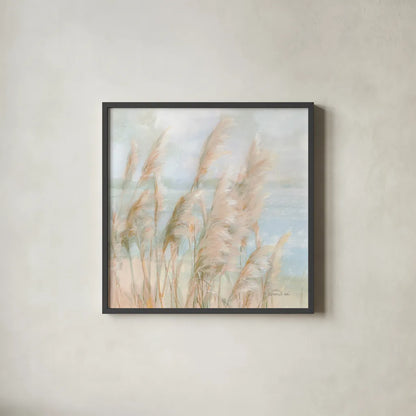 Seaside Pampas Grass Light Crop by Danhui Nai. Shown in a sleek black glass frame for a contemporary gallery look. Available as an archival giclee rolled canvas, fine art paper, or poster print. SKU 75031a.