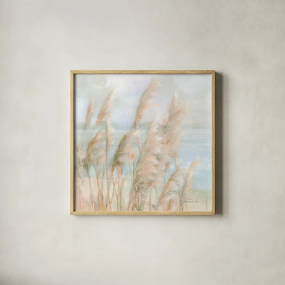 Seaside Pampas Grass Light Crop by Danhui Nai. Shown in a natural wood glass frame for a timeless modern aesthetic. Available as an archival giclee rolled canvas, fine art paper, or poster print. SKU 75031a.