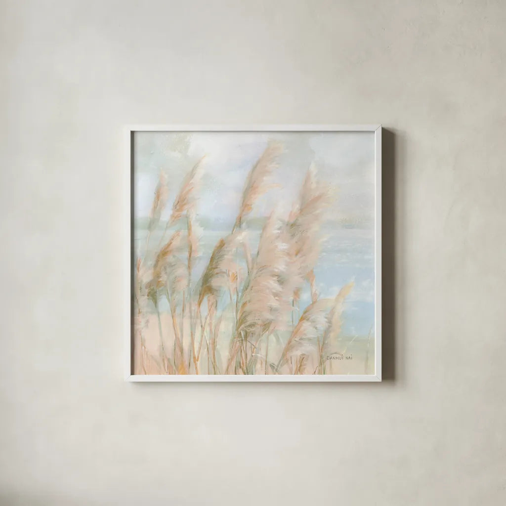 Seaside Pampas Grass Light Crop by Danhui Nai. Shown in a crisp white glass frame for a clean and minimalist style. Available as an archival giclee rolled canvas, fine art paper, or poster print. SKU 75031a.