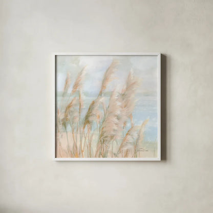 Seaside Pampas Grass Light Crop by Danhui Nai. Shown in a crisp white glass frame for a clean and minimalist style. Available as an archival giclee rolled canvas, fine art paper, or poster print. SKU 75031a.
