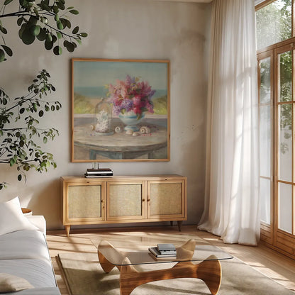 Seaside Spring by Danhui Nai. Shown in a natural wood frame in a cozy modern living room. Available as an archival giclee rolled canvas, fine art paper, or poster print. SKU 11770a.