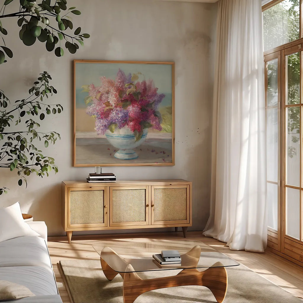Seaside Spring Crop II by Danhui Nai. Shown in a natural wood frame in a cozy modern living room. Available as an archival giclee rolled canvas, fine art paper, or poster print. SKU 30770a.