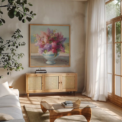 Seaside Spring Crop II by Danhui Nai. Shown in a natural wood frame in a cozy modern living room. Available as an archival giclee rolled canvas, fine art paper, or poster print. SKU 30770a.