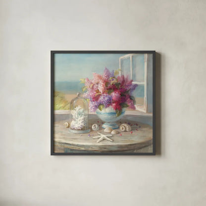 Seaside Spring Window by Danhui Nai. Shown in a sleek black glass frame for a contemporary gallery look. Available as an archival giclee rolled canvas, fine art paper, or poster print. SKU 93406a.