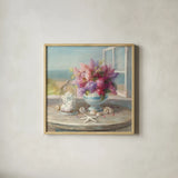 Seaside Spring Window by Danhui Nai. Shown in a natural wood glass frame for a timeless modern aesthetic. Available as an archival giclee rolled canvas, fine art paper, or poster print. SKU 93406a.