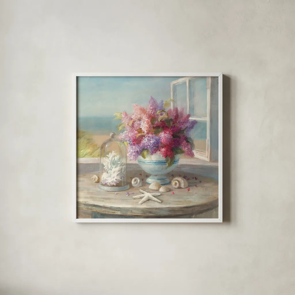 Seaside Spring Window by Danhui Nai. Shown in a crisp white glass frame for a clean and minimalist style. Available as an archival giclee rolled canvas, fine art paper, or poster print. SKU 93406a.