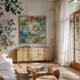 Secret Garden I Cream by Danhui Nai. Shown in a natural wood frame in a cozy modern living room. Available as an archival giclee rolled canvas, fine art paper, or poster print. SKU 18000a.
