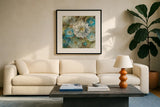 Secret Garden I Cream by Danhui Nai. Displayed in a glass frame with matte in a clean modern living room. Available as an archival giclee rolled canvas, fine art paper, or poster print. SKU 18000a.
