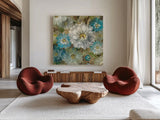 Secret Garden I Cream by Danhui Nai. Shown as extra-large giant wall art in a modern living room. Available as an archival giclee rolled canvas, fine art paper, or poster print. SKU 18000a.