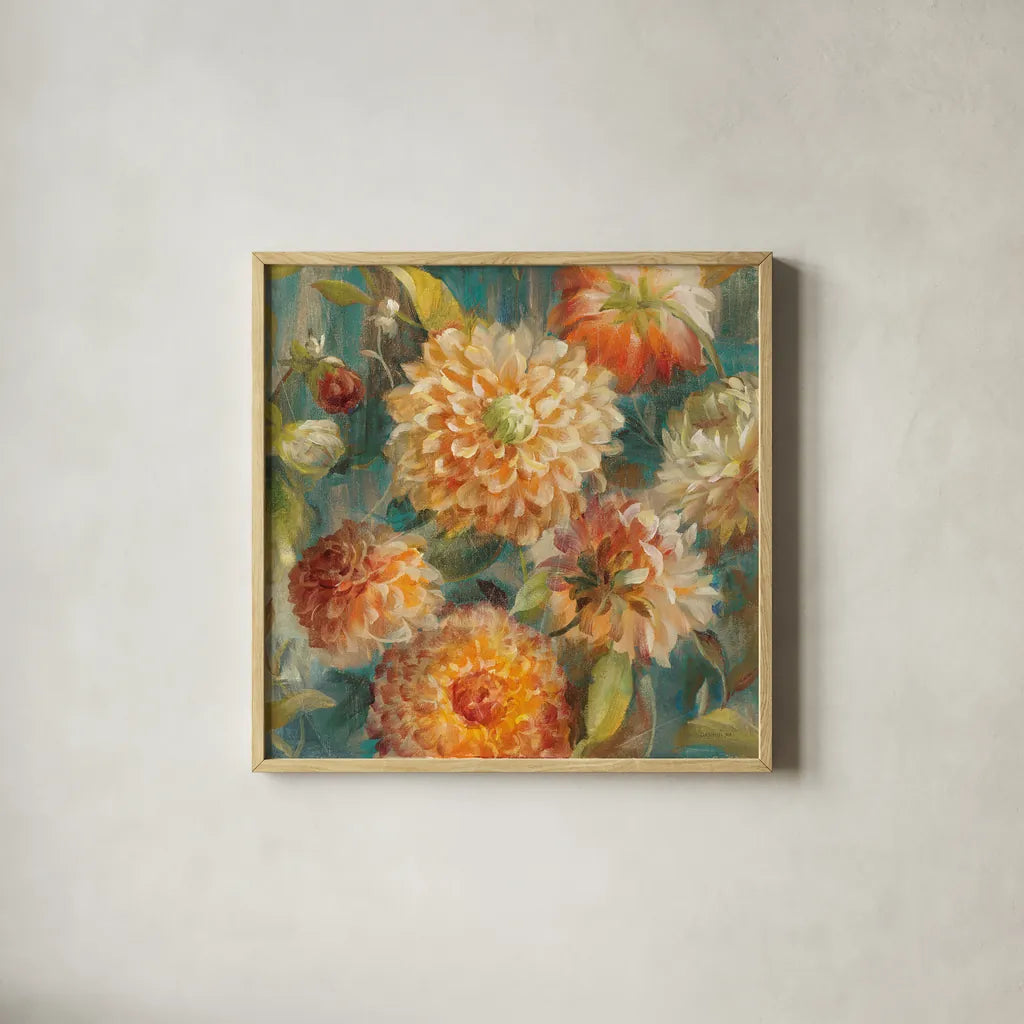 Secret Garden II Cream by Danhui Nai. Shown in a natural wood glass frame for a timeless modern aesthetic. Available as an archival giclee rolled canvas, fine art paper, or poster print. SKU 18001a.