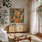 Secret Garden II Cream by Danhui Nai. Shown in a natural wood frame in a cozy modern living room. Available as an archival giclee rolled canvas, fine art paper, or poster print. SKU 18001a.