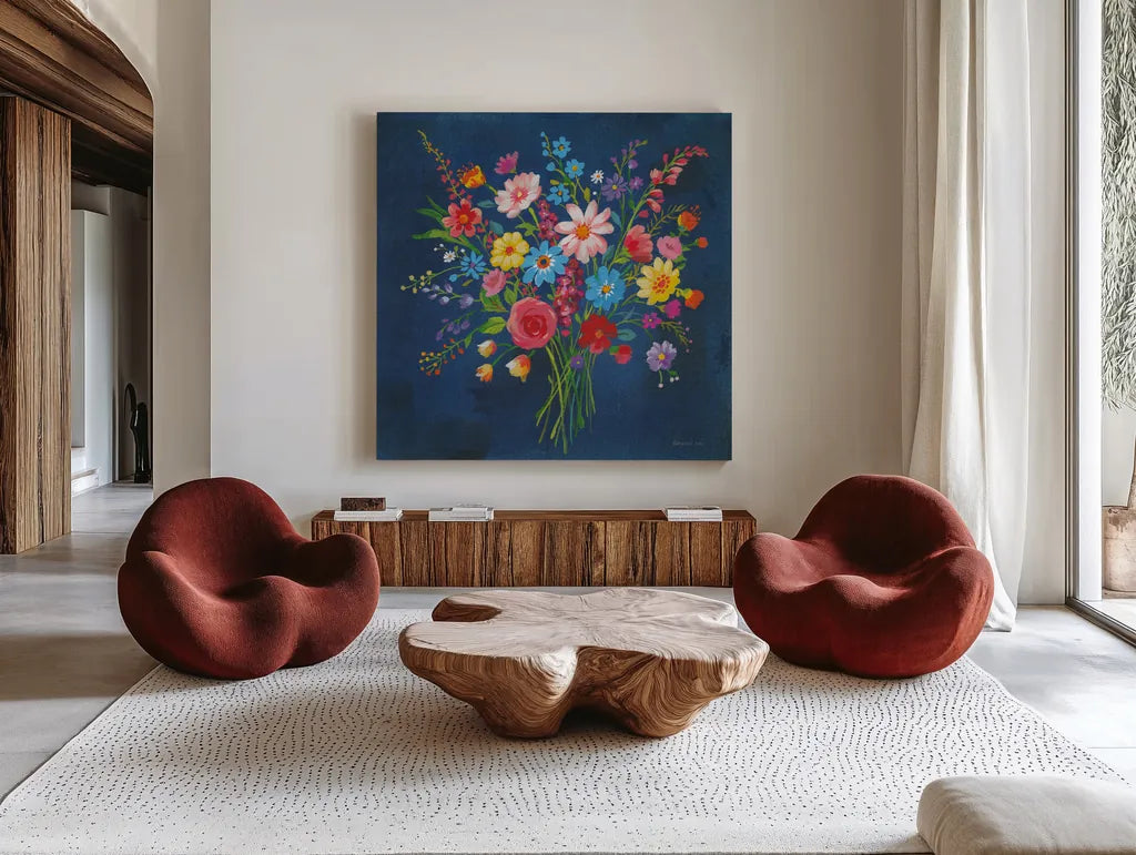 Selection of Wildflowers by Danhui Nai. Shown as extra-large giant wall art in a modern living room. Available as an archival giclee rolled canvas, fine art paper, or poster print. SKU 67708a.