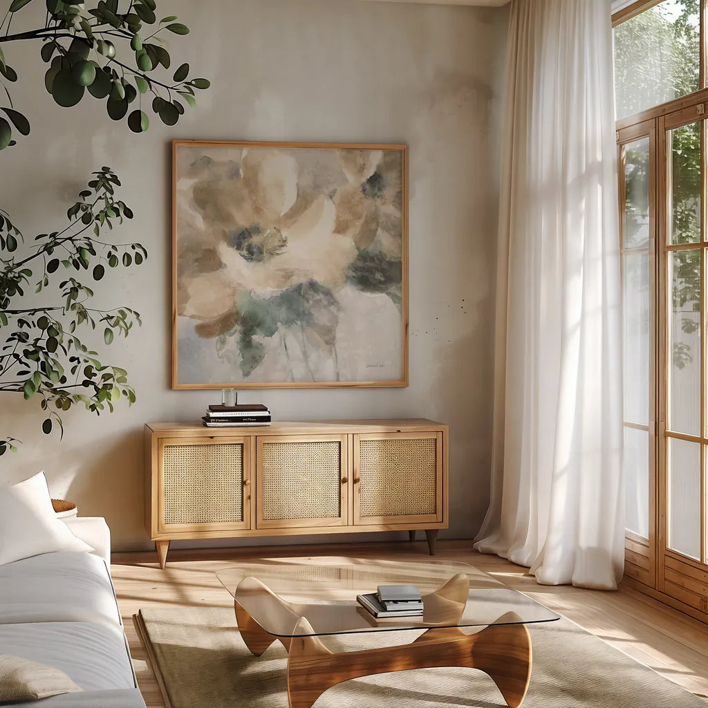 Sensation I by Danhui Nai. Shown in a natural wood frame in a cozy modern living room. Available as an archival giclee rolled canvas, fine art paper, or poster print. SKU 83128a.