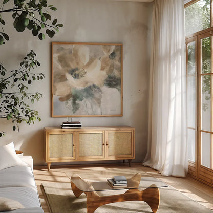 Sensation I by Danhui Nai. Shown in a natural wood frame in a cozy modern living room. Available as an archival giclee rolled canvas, fine art paper, or poster print. SKU 83128a.