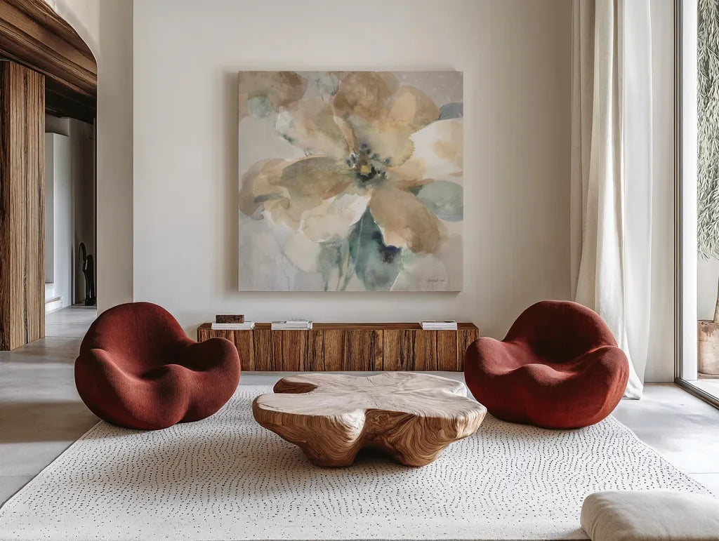 Sensation II by Danhui Nai. Shown as extra-large giant wall art in a modern living room. Available as an archival giclee rolled canvas, fine art paper, or poster print. SKU 83129a.