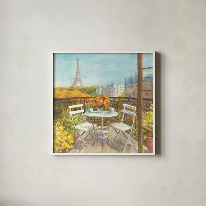 September in Paris Crop by Danhui Nai. Shown in a crisp white glass frame for a clean and minimalist style. Available as an archival giclee rolled canvas, fine art paper, or poster print. SKU 12596a.
