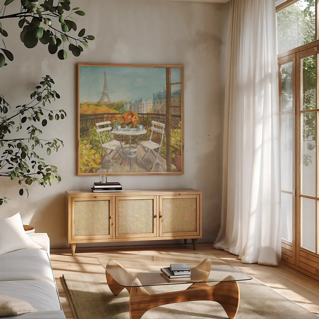 September in Paris Crop by Danhui Nai. Shown in a natural wood frame in a cozy modern living room. Available as an archival giclee rolled canvas, fine art paper, or poster print. SKU 12596a.