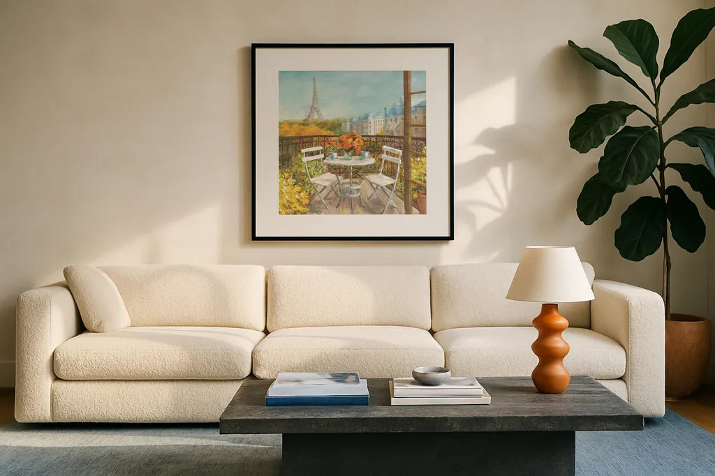 September in Paris Crop by Danhui Nai. Displayed in a glass frame with matte in a clean modern living room. Available as an archival giclee rolled canvas, fine art paper, or poster print. SKU 12596a.
