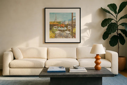 September in Paris Crop by Danhui Nai. Displayed in a glass frame with matte in a clean modern living room. Available as an archival giclee rolled canvas, fine art paper, or poster print. SKU 12596a.