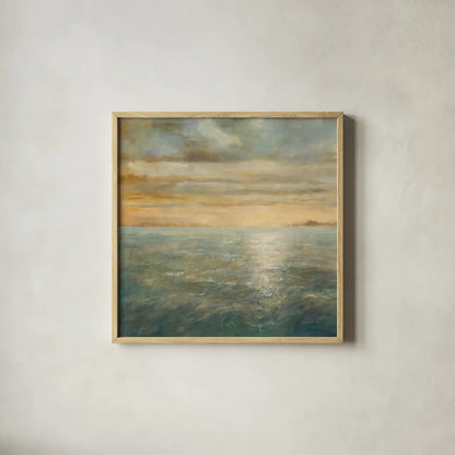 Serene Sea I by Danhui Nai. Shown in a natural wood glass frame for a timeless modern aesthetic. Available as an archival giclee rolled canvas, fine art paper, or poster print. SKU 2564a.