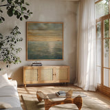 Serene Sea I by Danhui Nai. Shown in a natural wood frame in a cozy modern living room. Available as an archival giclee rolled canvas, fine art paper, or poster print. SKU 2564a.