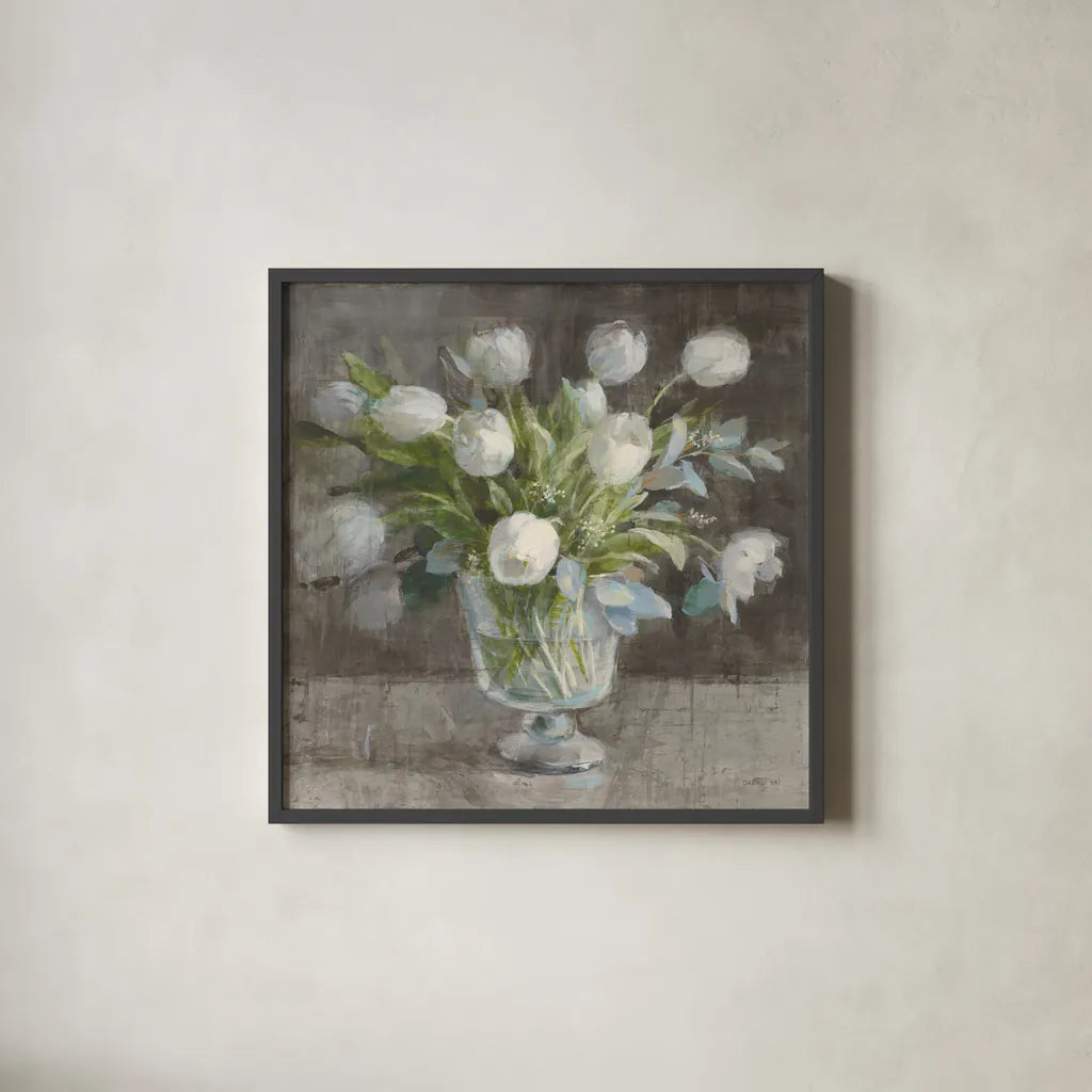 Serene Tulips by Danhui Nai. Shown in a sleek black glass frame for a contemporary gallery look. Available as an archival giclee rolled canvas, fine art paper, or poster print. SKU 81903a.