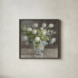 Serene Tulips by Danhui Nai. Shown in a sleek black glass frame for a contemporary gallery look. Available as an archival giclee rolled canvas, fine art paper, or poster print. SKU 81903a.
