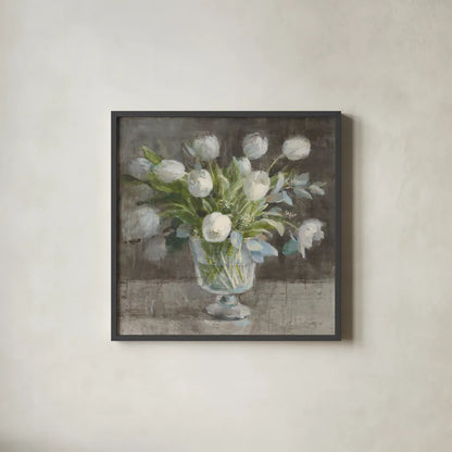 Serene Tulips by Danhui Nai. Shown in a sleek black glass frame for a contemporary gallery look. Available as an archival giclee rolled canvas, fine art paper, or poster print. SKU 81903a.