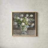 Serene Tulips by Danhui Nai. Shown in a natural wood glass frame for a timeless modern aesthetic. Available as an archival giclee rolled canvas, fine art paper, or poster print. SKU 81903a.