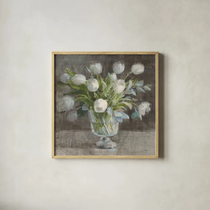 Serene Tulips by Danhui Nai. Shown in a natural wood glass frame for a timeless modern aesthetic. Available as an archival giclee rolled canvas, fine art paper, or poster print. SKU 81903a.