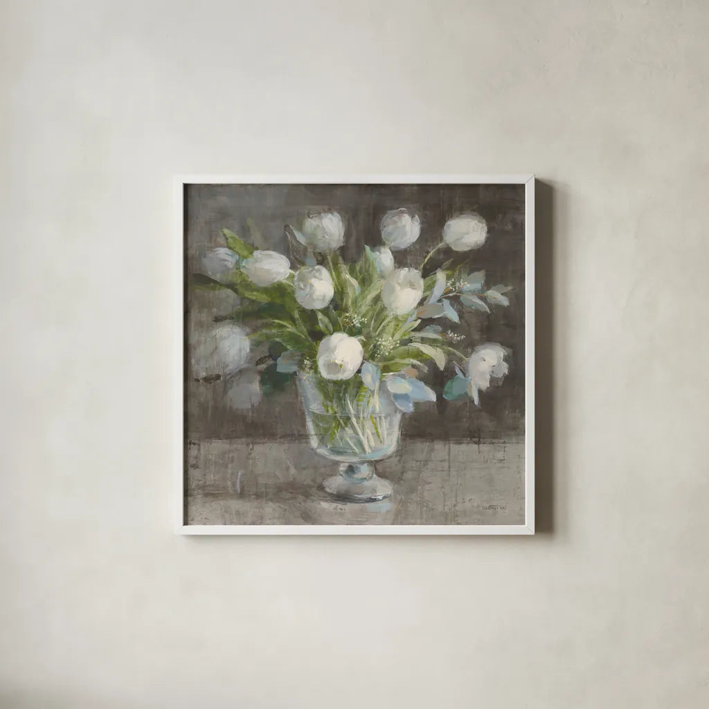Serene Tulips by Danhui Nai. Shown in a crisp white glass frame for a clean and minimalist style. Available as an archival giclee rolled canvas, fine art paper, or poster print. SKU 81903a.