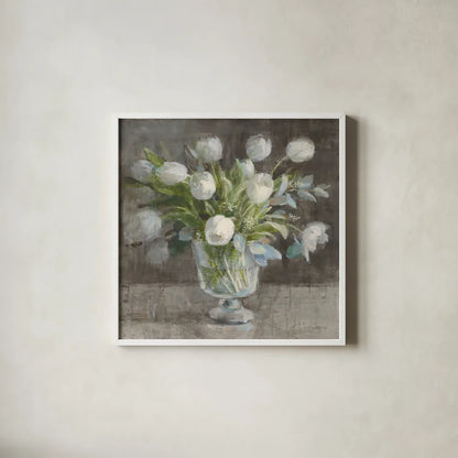 Serene Tulips by Danhui Nai. Shown in a crisp white glass frame for a clean and minimalist style. Available as an archival giclee rolled canvas, fine art paper, or poster print. SKU 81903a.