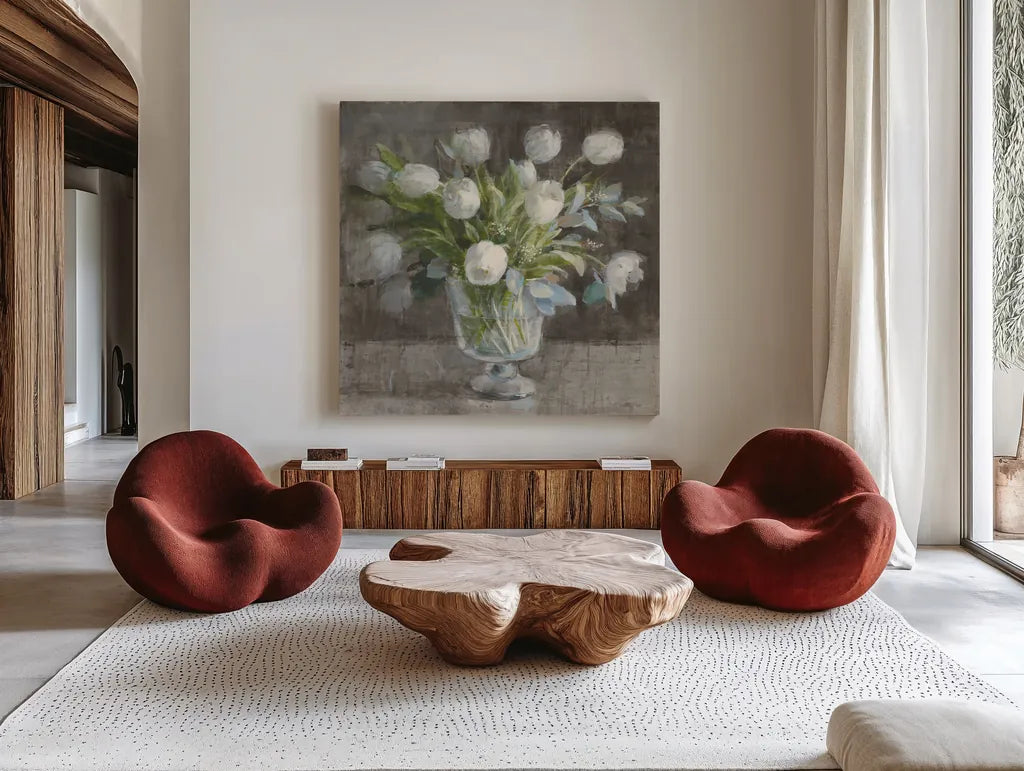 Serene Tulips by Danhui Nai. Shown as extra-large giant wall art in a modern living room. Available as an archival giclee rolled canvas, fine art paper, or poster print. SKU 81903a.