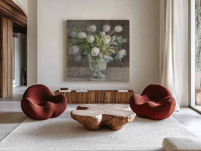 Serene Tulips by Danhui Nai. Shown as extra-large giant wall art in a modern living room. Available as an archival giclee rolled canvas, fine art paper, or poster print. SKU 81903a.