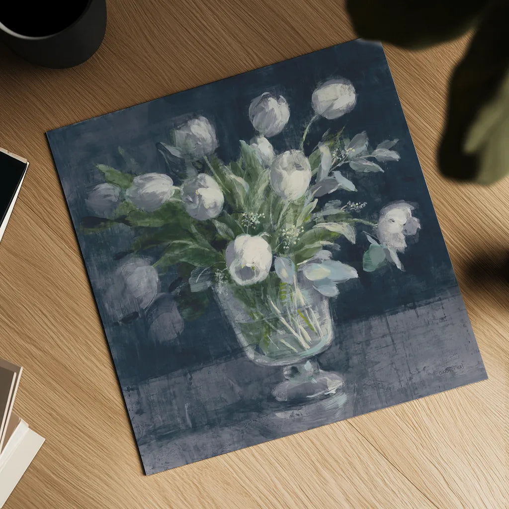 Serene Tulips Navy by Danhui Nai. Shown as a detailed flat fine art print, highlighting archival giclee quality. Available as an archival giclee rolled canvas, fine art paper, or poster print. SKU 83759a.