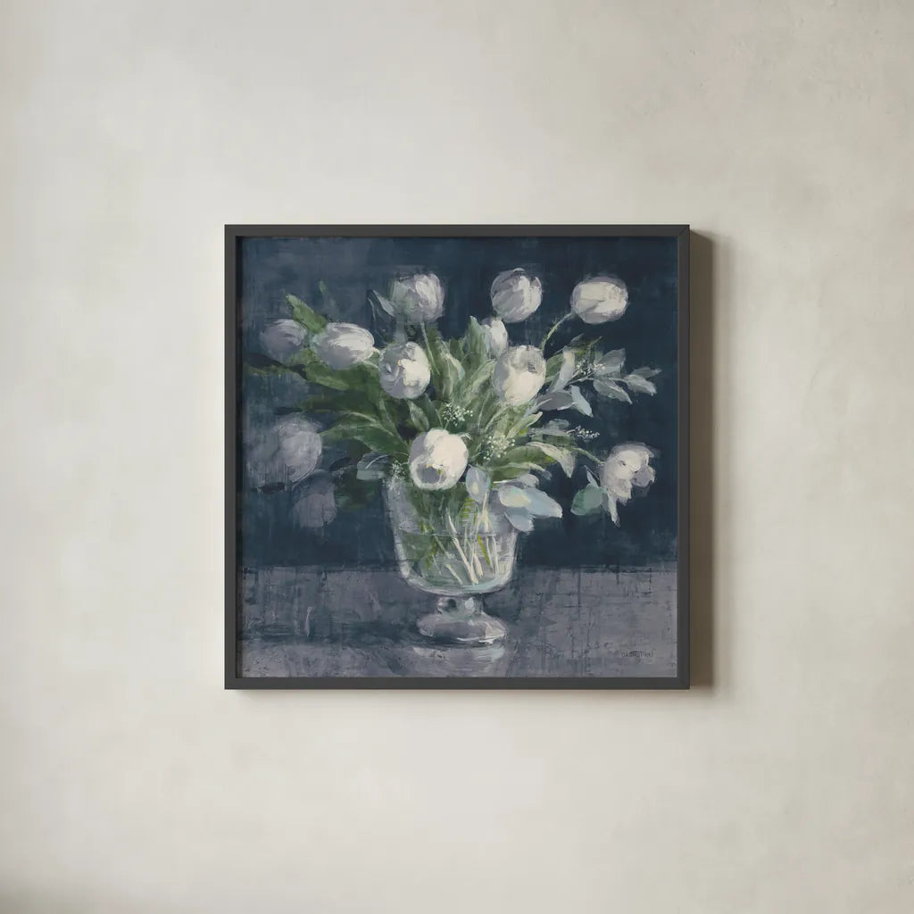 Serene Tulips Navy by Danhui Nai. Shown in a sleek black glass frame for a contemporary gallery look. Available as an archival giclee rolled canvas, fine art paper, or poster print. SKU 83759a.