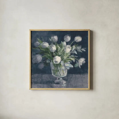 Serene Tulips Navy by Danhui Nai. Shown in a natural wood glass frame for a timeless modern aesthetic. Available as an archival giclee rolled canvas, fine art paper, or poster print. SKU 83759a.