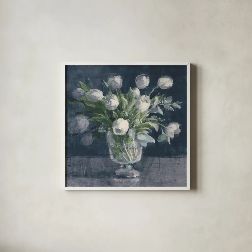 Serene Tulips Navy by Danhui Nai. Shown in a crisp white glass frame for a clean and minimalist style. Available as an archival giclee rolled canvas, fine art paper, or poster print. SKU 83759a.
