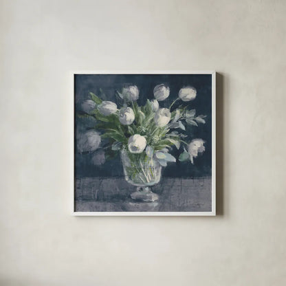 Serene Tulips Navy by Danhui Nai. Shown in a crisp white glass frame for a clean and minimalist style. Available as an archival giclee rolled canvas, fine art paper, or poster print. SKU 83759a.