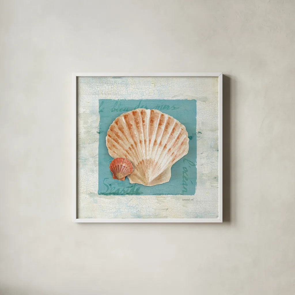 Shades of Blue I by Danhui Nai. Shown in a crisp white glass frame for a clean and minimalist style. Available as an archival giclee rolled canvas, fine art paper, or poster print. SKU 4940a.