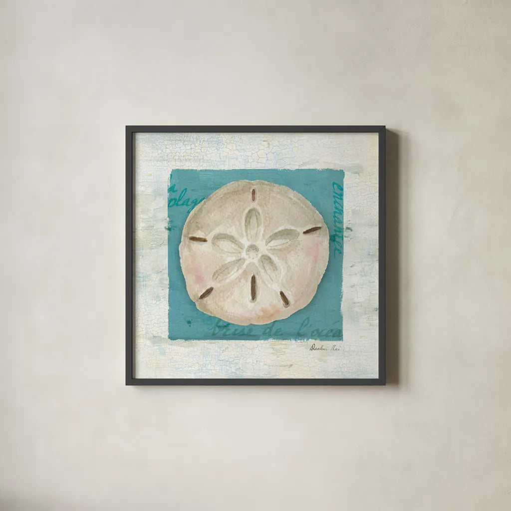 Shades of Blue III by Danhui Nai. Shown in a sleek black glass frame for a contemporary gallery look. Available as an archival giclee rolled canvas, fine art paper, or poster print. SKU 4942a.