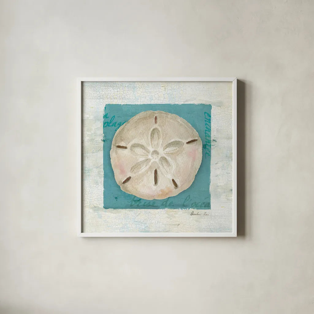 Shades of Blue III by Danhui Nai. Shown in a crisp white glass frame for a clean and minimalist style. Available as an archival giclee rolled canvas, fine art paper, or poster print. SKU 4942a.